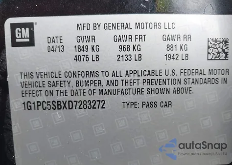 2013 Chevrolet Cruze 1Lt Auto из США, поврежденный, VIN 1G1PC5SBXD7283272